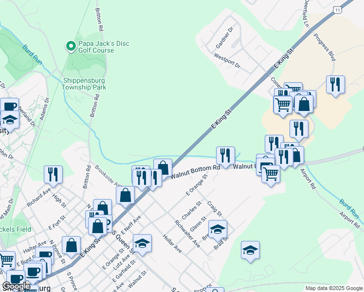 map of restaurants, bars, coffee shops, grocery stores, and more near 735 East King Street in Shippensburg