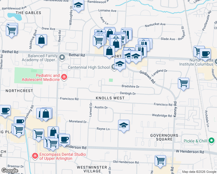 map of restaurants, bars, coffee shops, grocery stores, and more near 1493 Bradshire Drive in Columbus