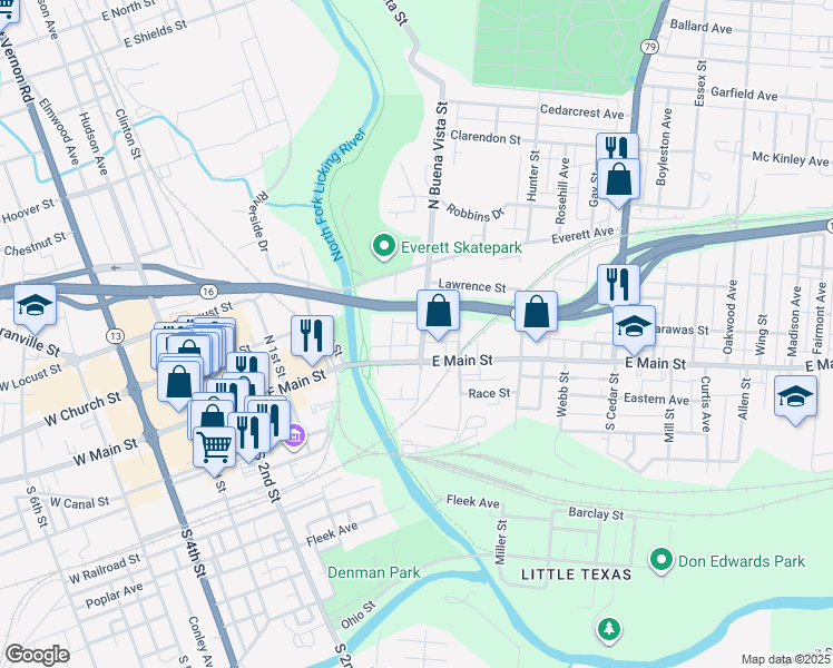 map of restaurants, bars, coffee shops, grocery stores, and more near 32 North Buena Vista Street in Newark