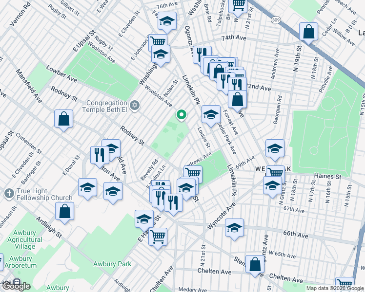 map of restaurants, bars, coffee shops, grocery stores, and more near 1650 East Walnut Lane in Philadelphia