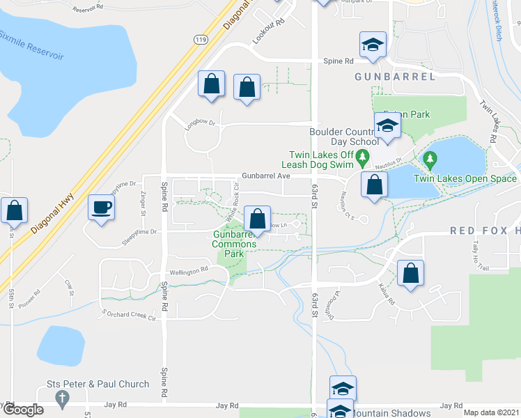 map of restaurants, bars, coffee shops, grocery stores, and more near 6144 Habitat Drive in Boulder
