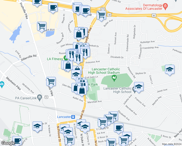 map of restaurants, bars, coffee shops, grocery stores, and more near 1309 Rose Avenue in Lancaster