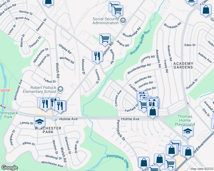 map of restaurants, bars, coffee shops, grocery stores, and more near 9030 Cloverly Road in Philadelphia