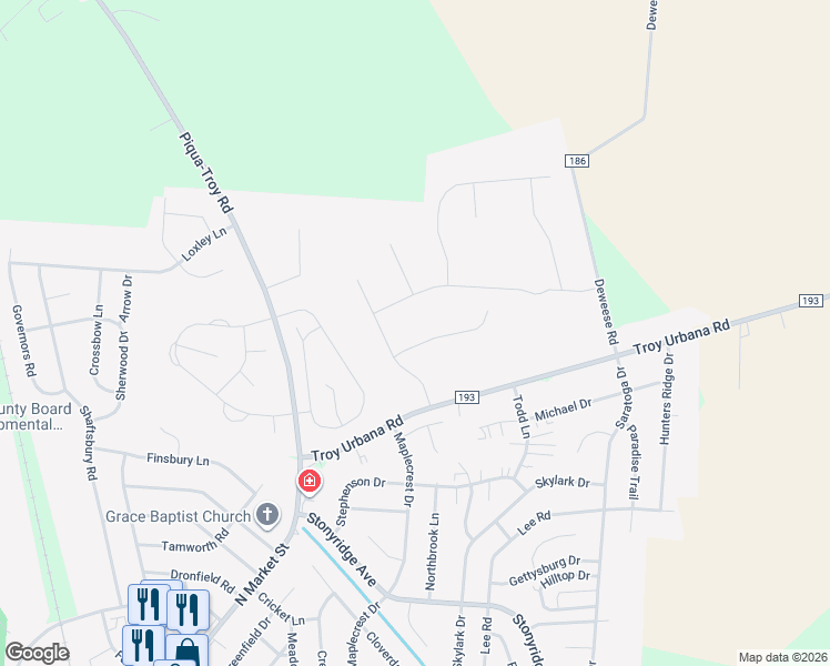 map of restaurants, bars, coffee shops, grocery stores, and more near 1065 Windmill Court in Troy