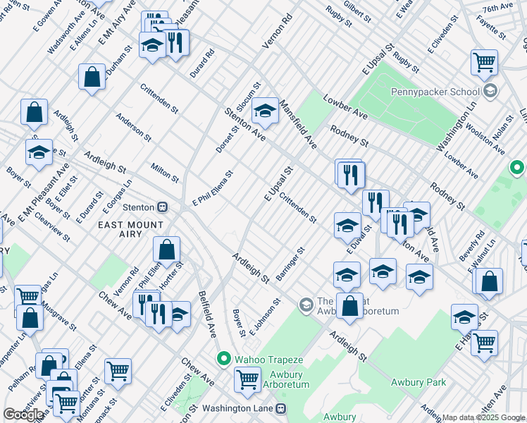 map of restaurants, bars, coffee shops, grocery stores, and more near 712 East Upsal Street in Philadelphia