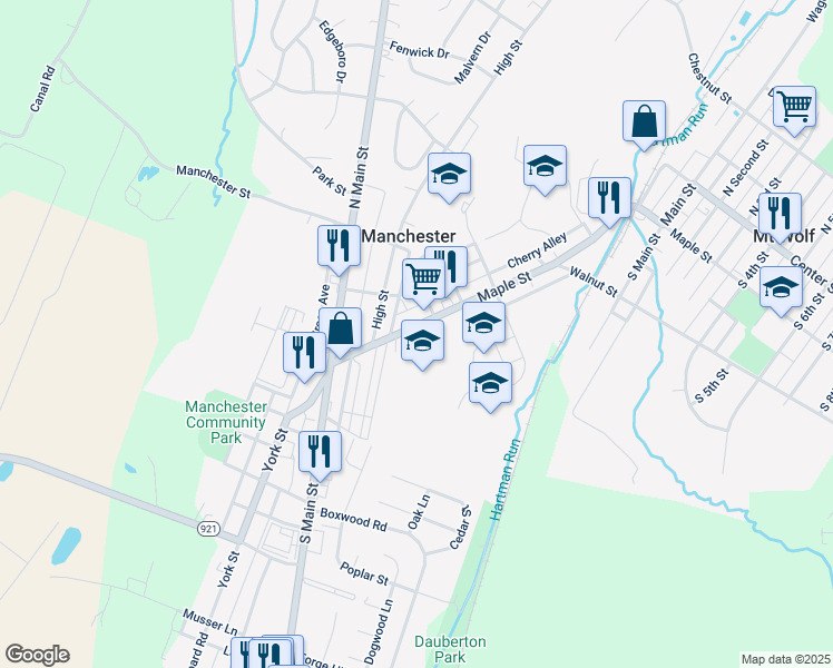 map of restaurants, bars, coffee shops, grocery stores, and more near 138 Maple Street in Manchester