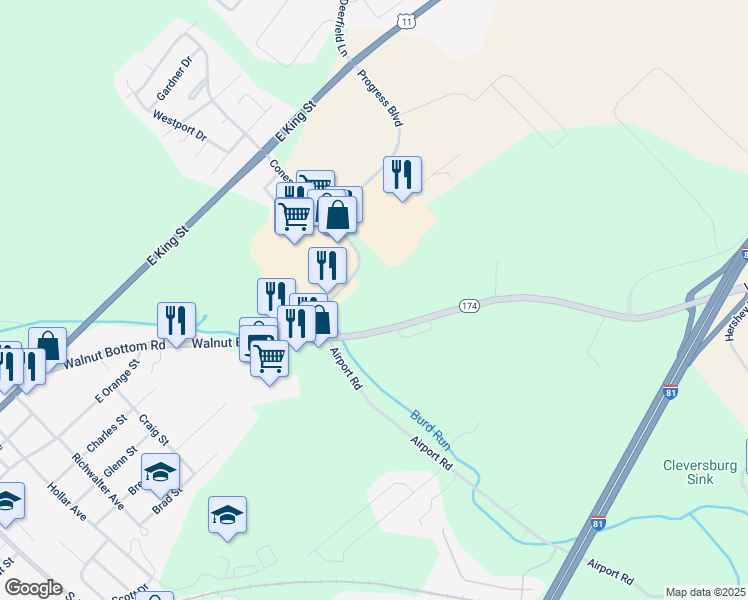 map of restaurants, bars, coffee shops, grocery stores, and more near 115 Walnut Bottom Road in Shippensburg