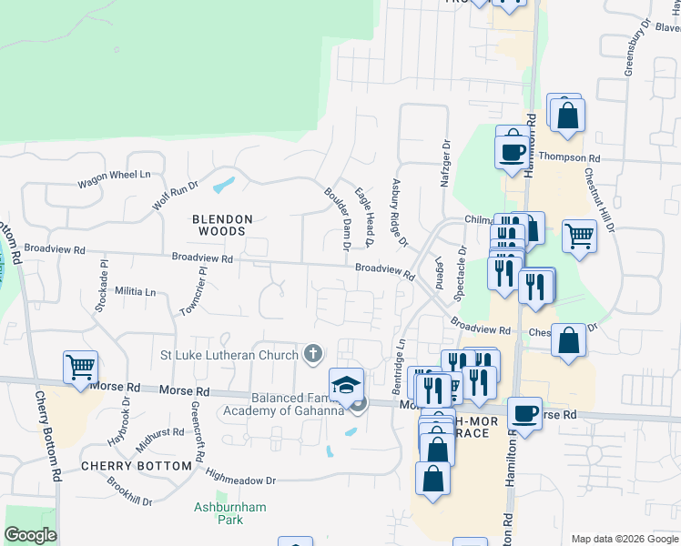 map of restaurants, bars, coffee shops, grocery stores, and more near 5625 Broadview Road in Columbus