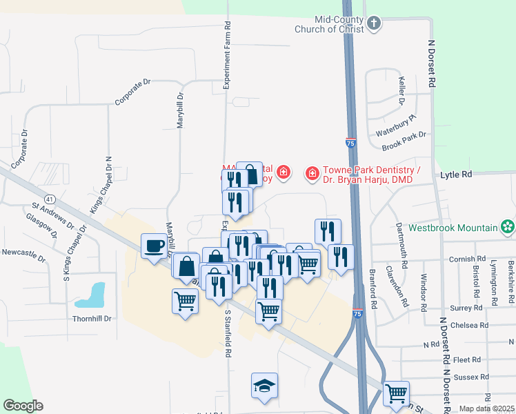 map of restaurants, bars, coffee shops, grocery stores, and more near 1861 Towne Park Drive in Troy