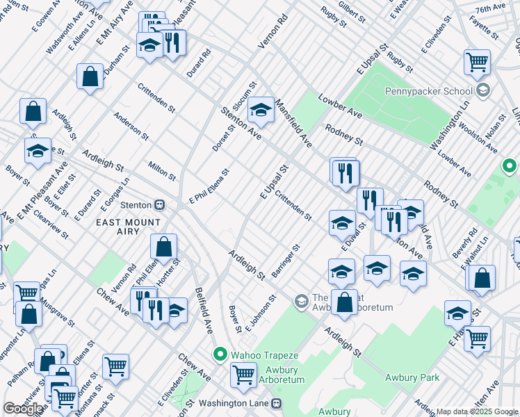 map of restaurants, bars, coffee shops, grocery stores, and more near 712 East Upsal Street in Philadelphia