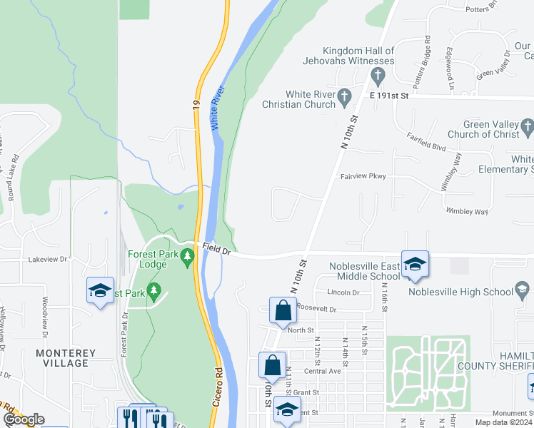 map of restaurants, bars, coffee shops, grocery stores, and more near 1330 Twilight Drive in Noblesville