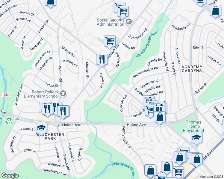map of restaurants, bars, coffee shops, grocery stores, and more near 9030 Cloverly Road in Philadelphia