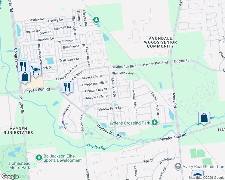 map of restaurants, bars, coffee shops, grocery stores, and more near 5329 Falls Branch Drive in Hilliard