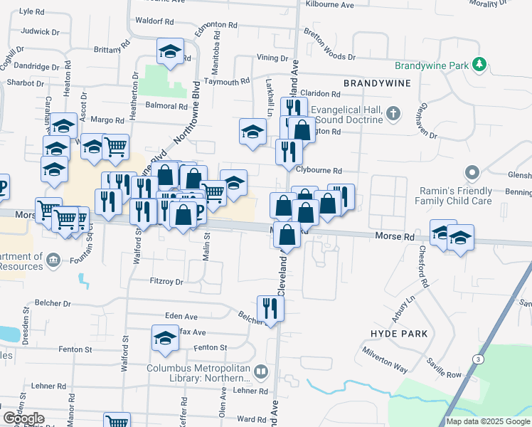 map of restaurants, bars, coffee shops, grocery stores, and more near 2380 Morse Road in Columbus