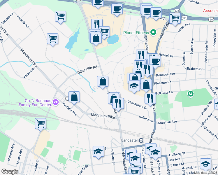 map of restaurants, bars, coffee shops, grocery stores, and more near 1425 Fruitville Pike in Lancaster