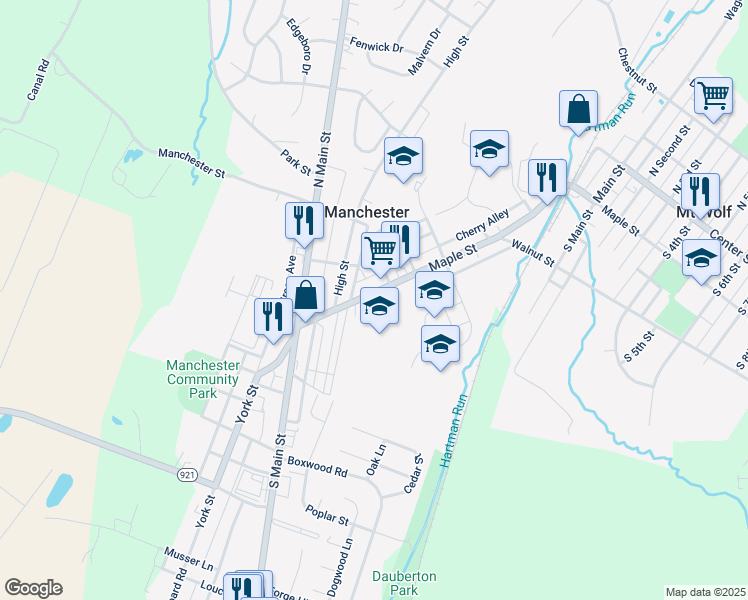 map of restaurants, bars, coffee shops, grocery stores, and more near 138 Maple Street in Manchester