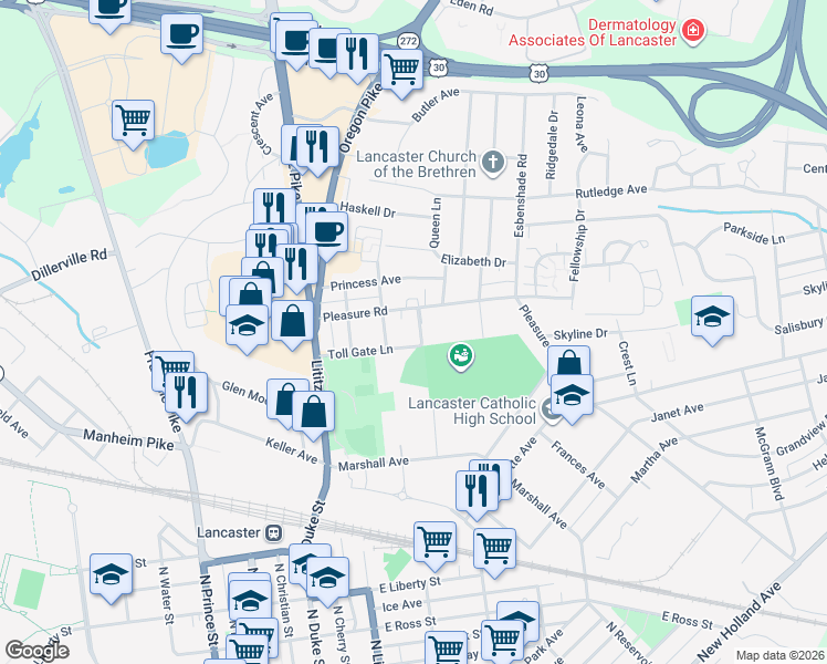 map of restaurants, bars, coffee shops, grocery stores, and more near 1304 Rosemont Avenue in Lancaster