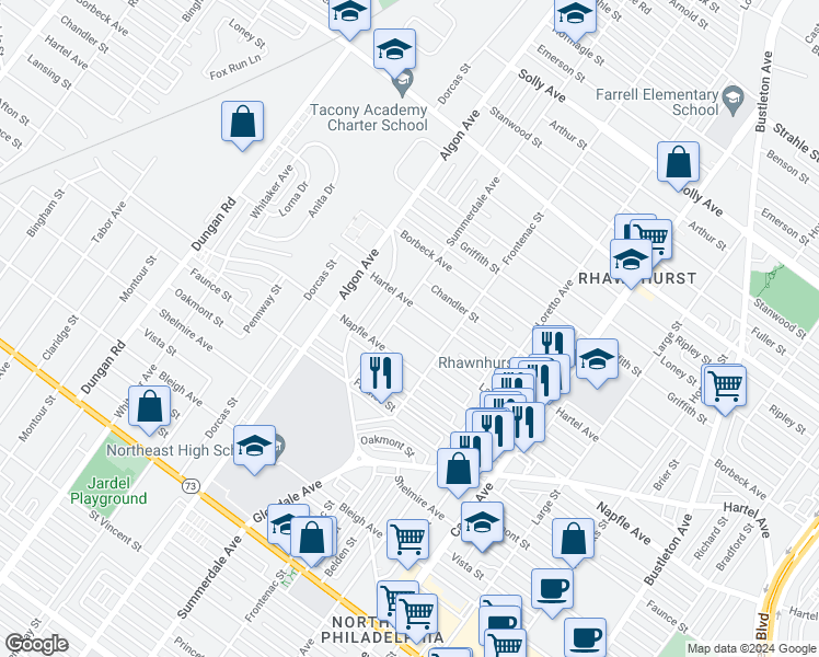 map of restaurants, bars, coffee shops, grocery stores, and more near 1709 Lansing Street in Philadelphia