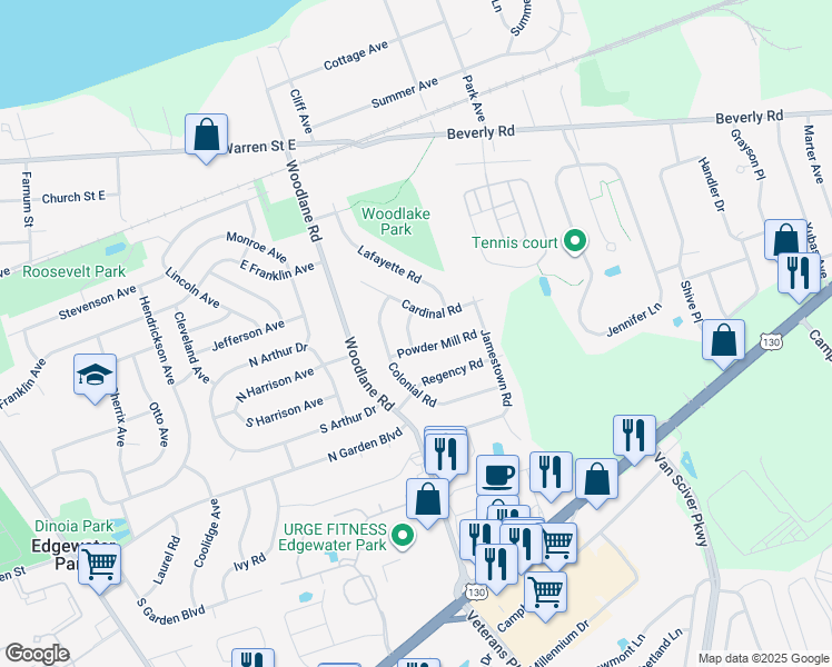 map of restaurants, bars, coffee shops, grocery stores, and more near 104 Sunset Lane in Beverly
