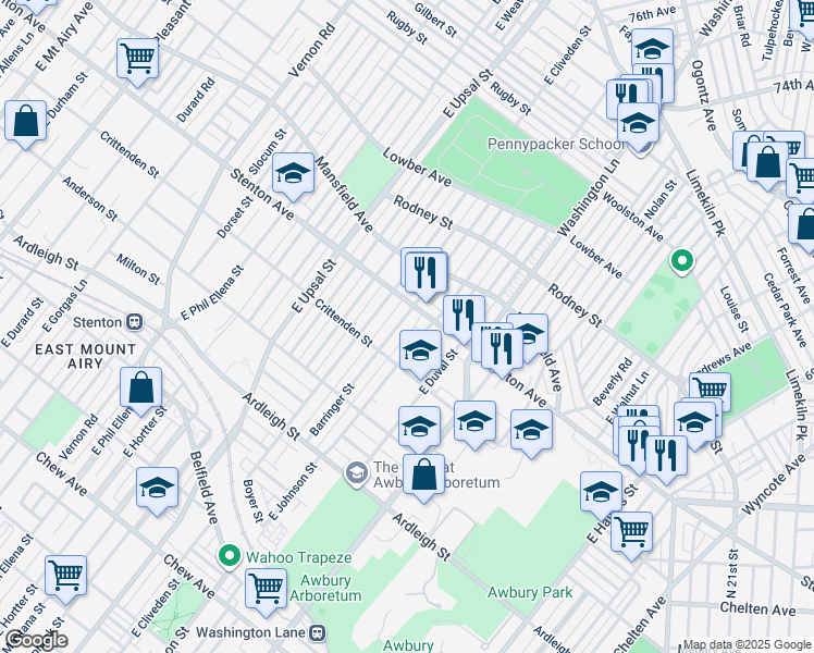 map of restaurants, bars, coffee shops, grocery stores, and more near 1328 Barringer Street in Philadelphia