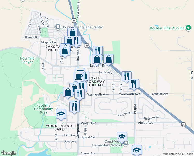 map of restaurants, bars, coffee shops, grocery stores, and more near 4730 Holiday Drive in Boulder