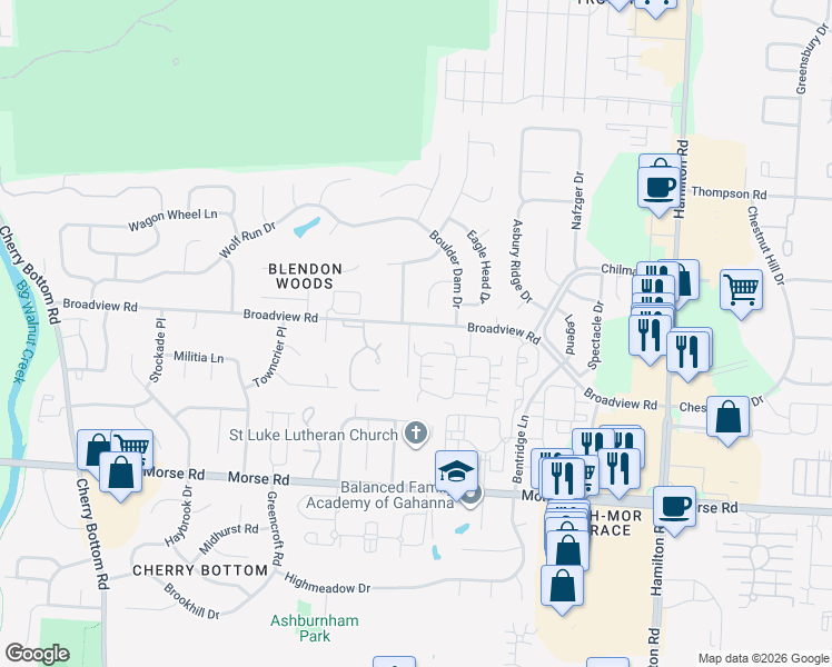 map of restaurants, bars, coffee shops, grocery stores, and more near 5575 Broadview Road in Columbus