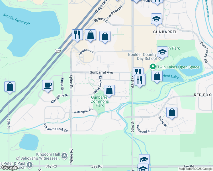 map of restaurants, bars, coffee shops, grocery stores, and more near 4700 White Rock Circle in Boulder