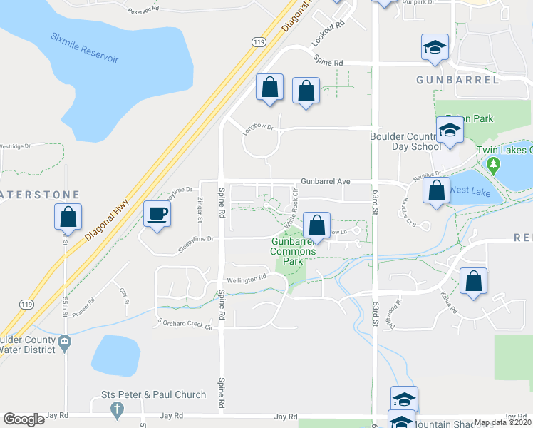 map of restaurants, bars, coffee shops, grocery stores, and more near 4879 White Rock Circle in Boulder