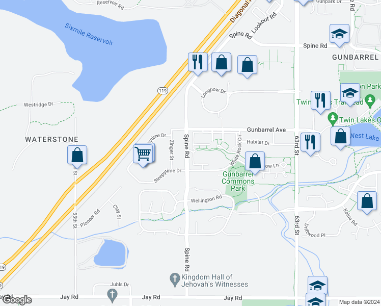 map of restaurants, bars, coffee shops, grocery stores, and more near 5924 Gunbarrel Avenue in Boulder