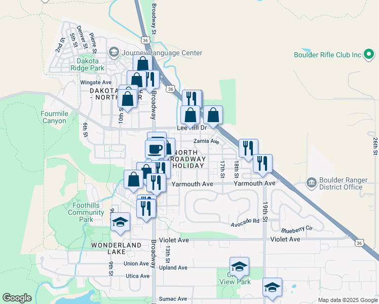 map of restaurants, bars, coffee shops, grocery stores, and more near 1474 Easy Rider Lane in Boulder