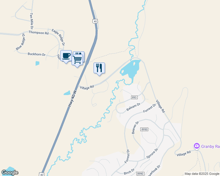 map of restaurants, bars, coffee shops, grocery stores, and more near 154 Village Road in Granby