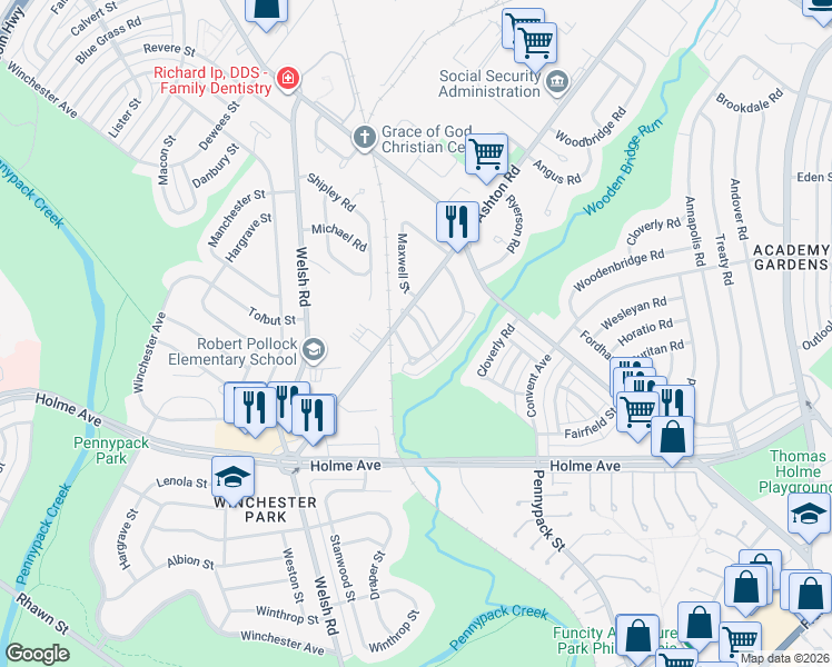map of restaurants, bars, coffee shops, grocery stores, and more near 2816 Maxwell Street in Philadelphia