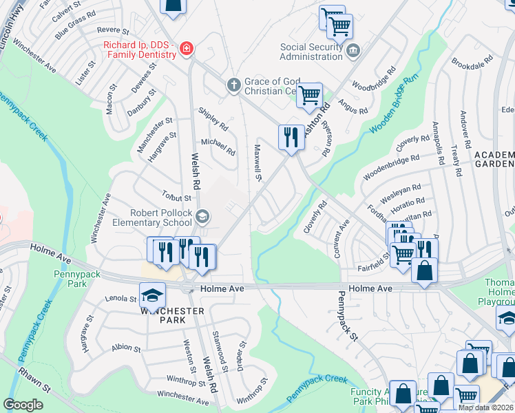 map of restaurants, bars, coffee shops, grocery stores, and more near 2816 Maxwell Street in Philadelphia