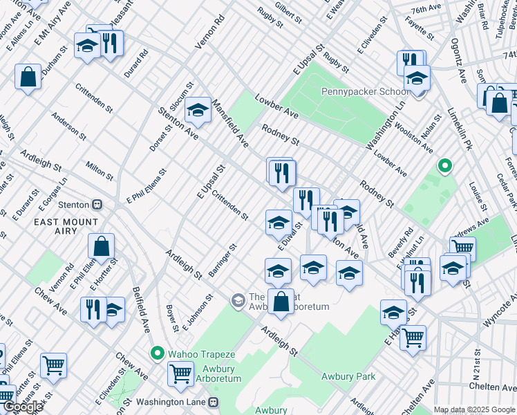 map of restaurants, bars, coffee shops, grocery stores, and more near 1319 Barringer Street in Philadelphia