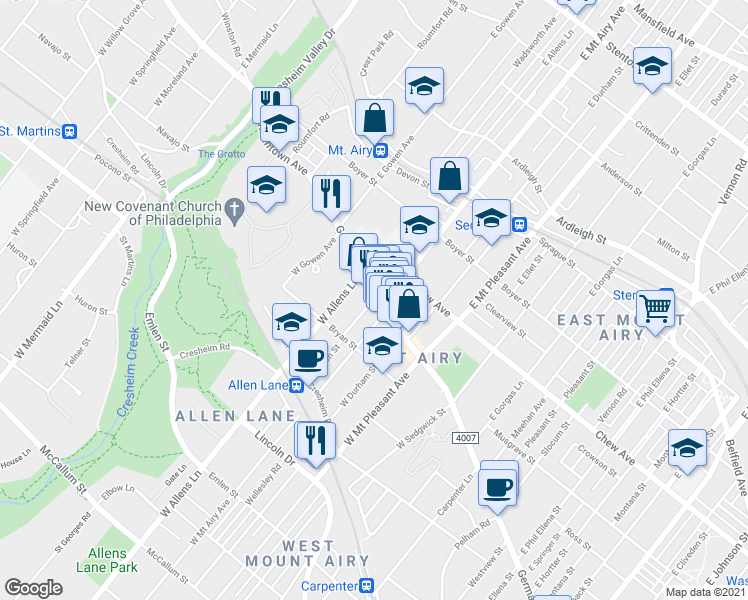 map of restaurants, bars, coffee shops, grocery stores, and more near 7226-34 Germantown Avenue in Philadelphia