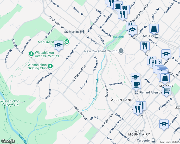 map of restaurants, bars, coffee shops, grocery stores, and more near 7502 Saint Martins Lane in Philadelphia