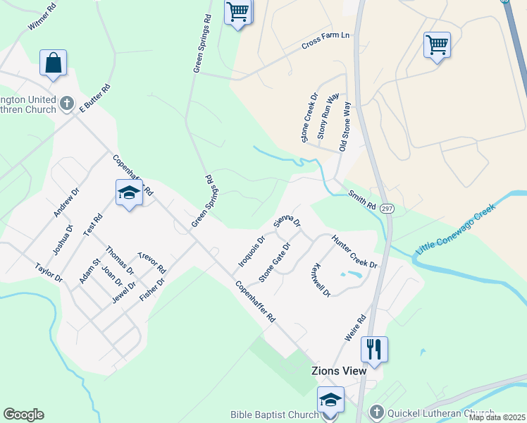 map of restaurants, bars, coffee shops, grocery stores, and more near 90 Sienna Drive in York