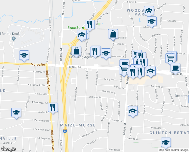 map of restaurants, bars, coffee shops, grocery stores, and more near 4650 North 4th Street in Columbus
