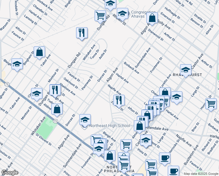 map of restaurants, bars, coffee shops, grocery stores, and more near 7630 Langdon Street in Philadelphia