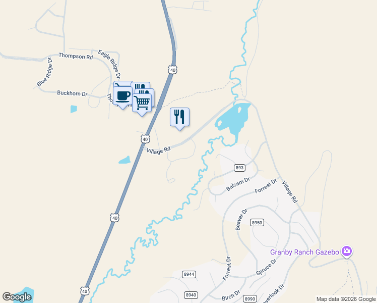 map of restaurants, bars, coffee shops, grocery stores, and more near 150 Village Road in Granby