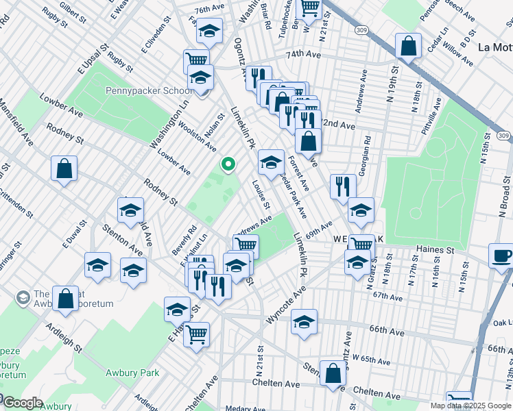 map of restaurants, bars, coffee shops, grocery stores, and more near 7029 Woolston Avenue in Philadelphia