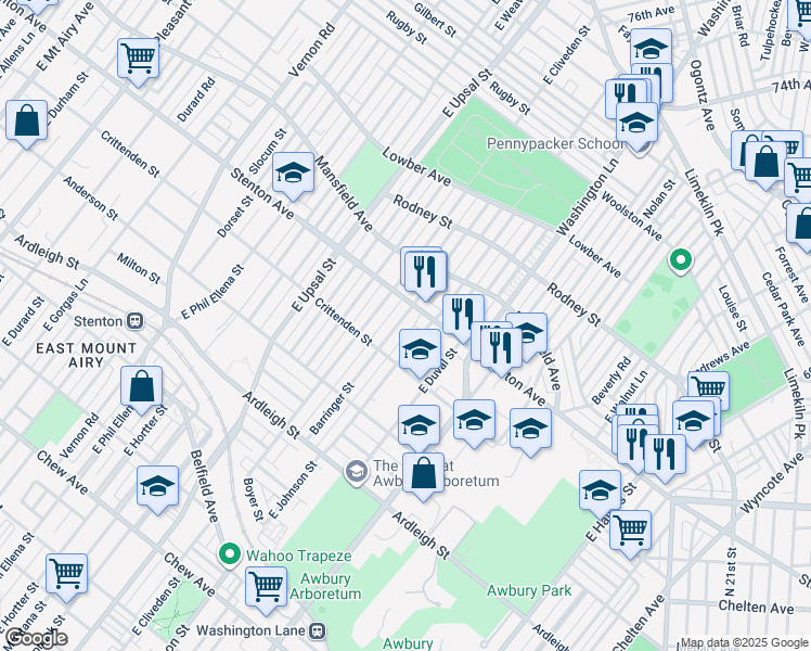 map of restaurants, bars, coffee shops, grocery stores, and more near 1328 Barringer Street in Philadelphia