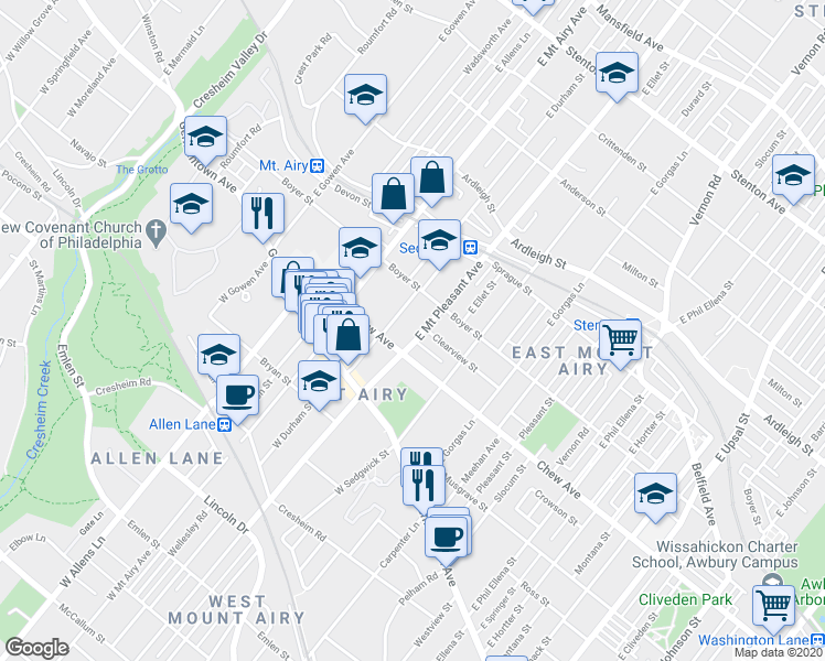 map of restaurants, bars, coffee shops, grocery stores, and more near 121 East Mount Pleasant Avenue in Philadelphia
