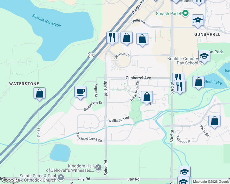 map of restaurants, bars, coffee shops, grocery stores, and more near 4795 White Rock Circle in Boulder