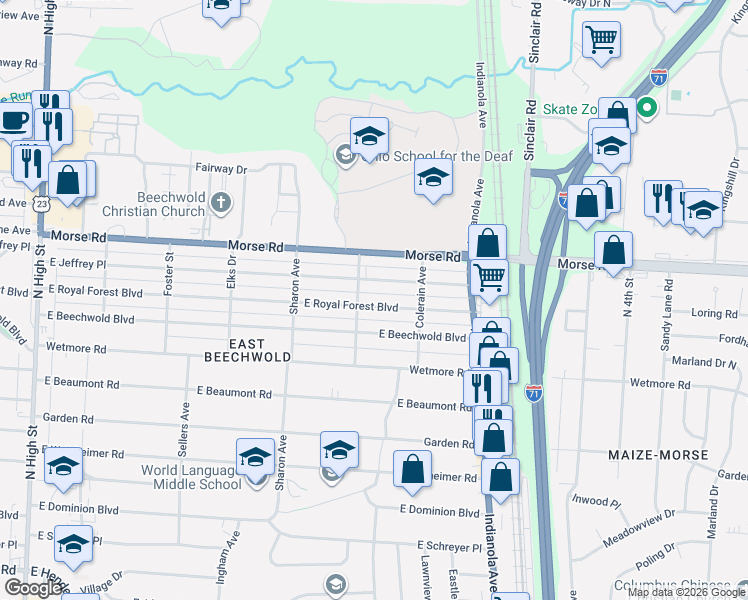 map of restaurants, bars, coffee shops, grocery stores, and more near 522 East Royal Forest Boulevard in Columbus