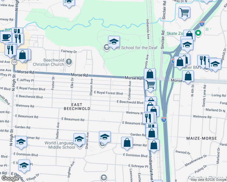 map of restaurants, bars, coffee shops, grocery stores, and more near 522 East Royal Forest Boulevard in Columbus