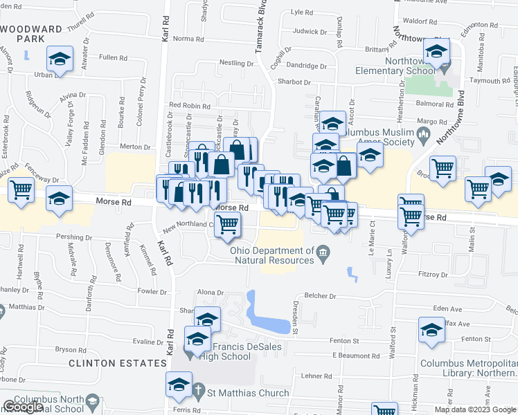 map of restaurants, bars, coffee shops, grocery stores, and more near Morse Rd & Tamarack Blvd in Columbus