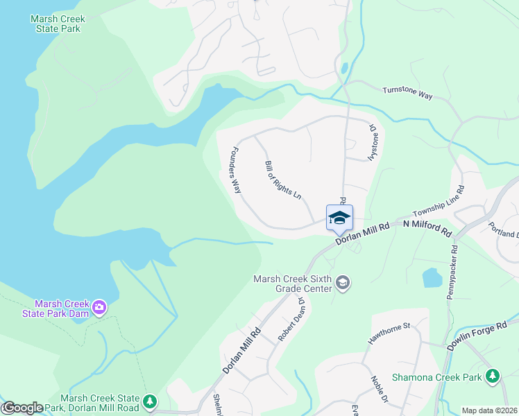 map of restaurants, bars, coffee shops, grocery stores, and more near 26 Founders Way in Downingtown