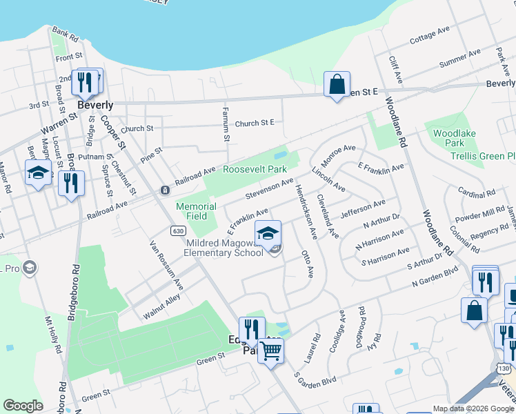 map of restaurants, bars, coffee shops, grocery stores, and more near 116 Stevenson Avenue in Beverly
