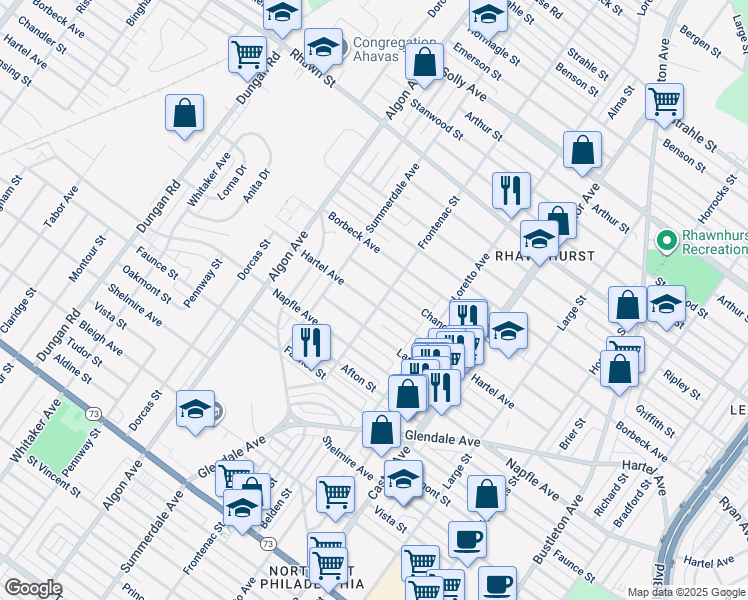 map of restaurants, bars, coffee shops, grocery stores, and more near 7800 Frontenac Street in Philadelphia